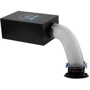 Home theater ventilation system featuring a sleek black box and flexible duct, designed for optimal airflow and performance.