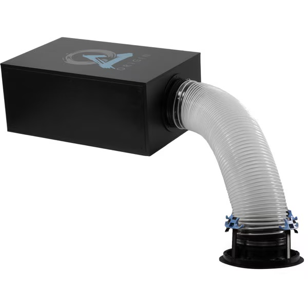 Home theater ventilation system featuring a sleek black box and flexible duct, designed for optimal airflow and performance.