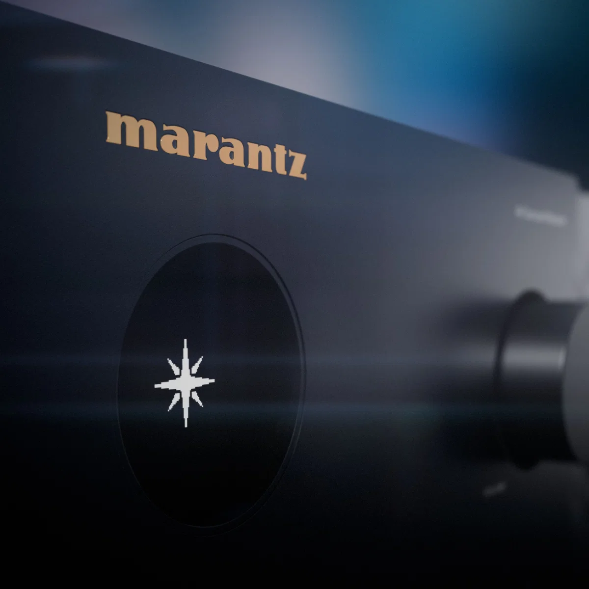 Close-up of a Marantz home theater amplifier showcasing sleek design and premium quality for an immersive audio experience.