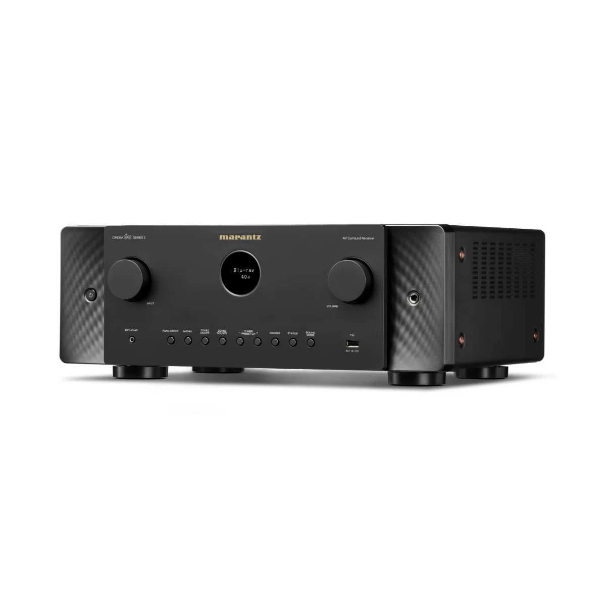 Marantz AV surround receiver featuring dual knobs and multiple input options in sleek black design for home entertainment.