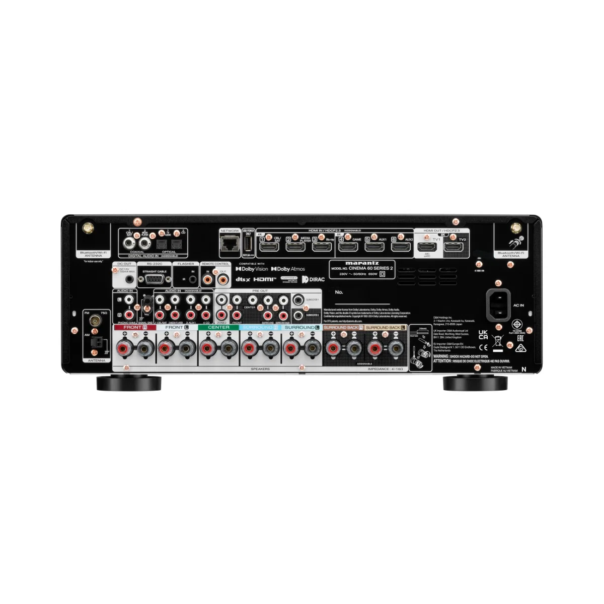 Back panel of a Marantz home theater amplifier showing input and output connections for optimal audio setup.