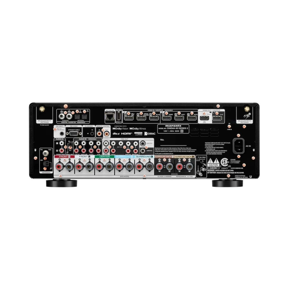Marantz receiver rear panel featuring multiple input and output connections for a complete home theater setup.