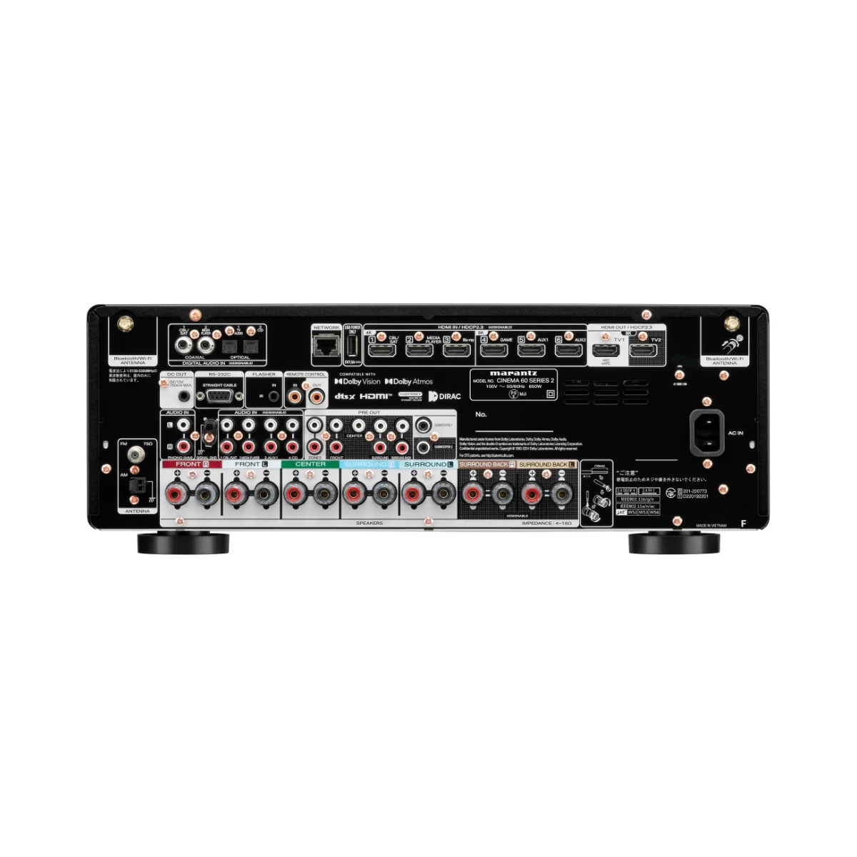 Back panel of a Marantz home theater amplifier showcasing various input and output connections for audio and video devices.