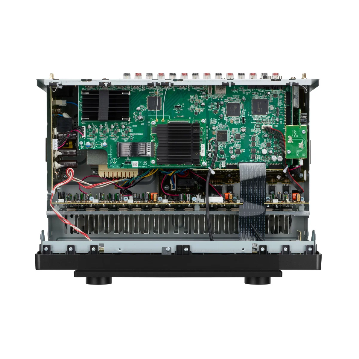 Internal view of a sophisticated home theater amplifier, showcasing its advanced circuitry and components.