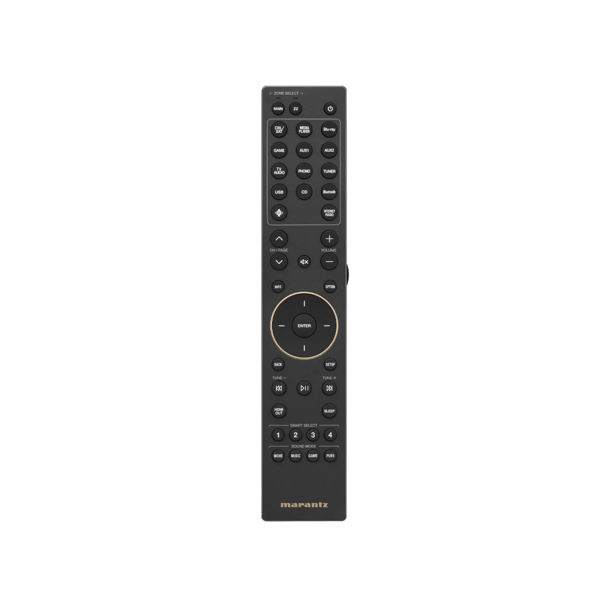 Marantz remote control featuring various buttons for audio and video device management in a sleek black design.