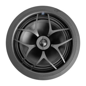 Ceiling speaker with a sleek black design, ideal for enhancing home theater audio experiences. Perfect for luxury setups.