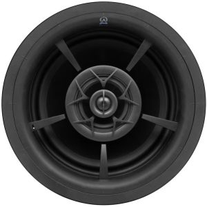 Close-up of a high-quality in-wall speaker, showcasing its design and build, ideal for home theater setups.