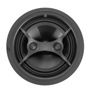High-quality round in-wall speaker featuring a sleek black design, ideal for home theater audio setups.
