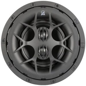 Close-up of a high-quality in-ceiling speaker, showcasing its sleek design and advanced audio technology for clear sound.