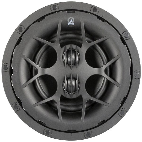 Close-up of a high-quality in-ceiling speaker, showcasing its sleek design and advanced audio technology for clear sound.