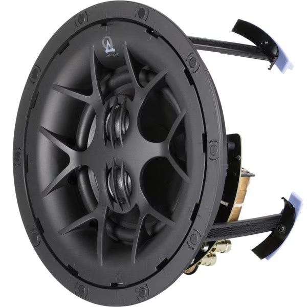 High-performance in-ceiling speaker featuring dual woofers and sleek design for immersive audio in home theaters.
