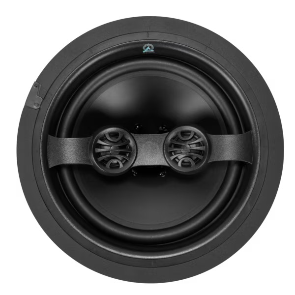 High-quality in-wall speaker design featuring dual woofers for immersive sound in home theater setups. Perfect for audio enthusiasts.
