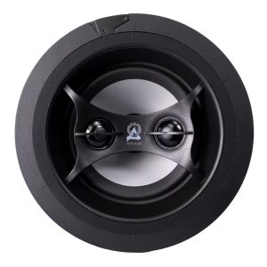 In-ceiling speaker design featuring a sleek black finish, ideal for enhancing home theater audio quality.