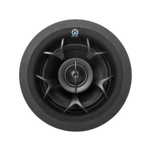 Close-up of a high-performance in-ceiling speaker showcasing a sleek design for premium audio experiences.