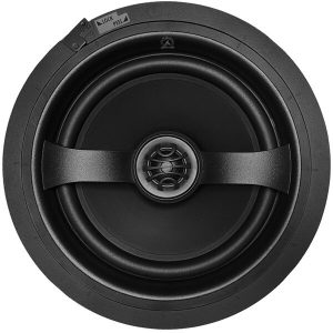 In-wall speaker design featuring a sleek black finish for enhanced home audio experience. Ideal for discreet installations.