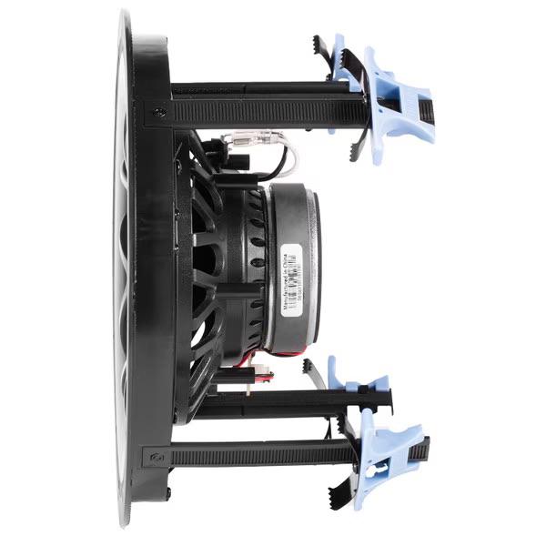 In-wall speaker with mounting brackets, designed for seamless integration into home theater systems.