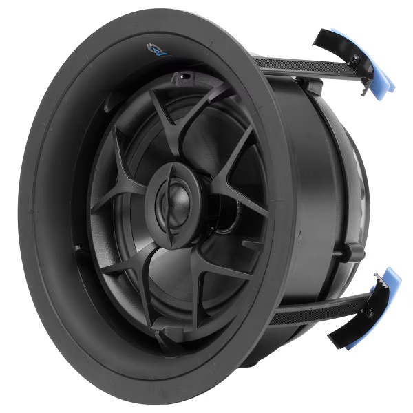 High-performance in-ceiling speaker featuring a sleek design for premium sound quality in home theater setups.