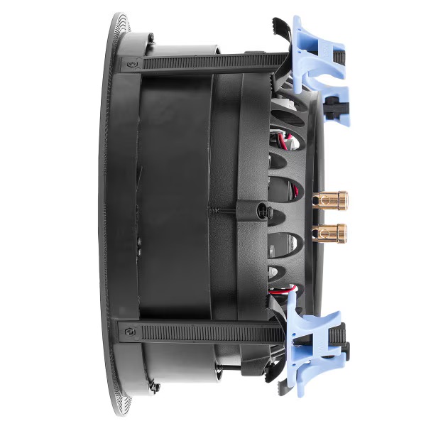 Close-up of a speaker's rear view, showcasing its connection ports and mounting design for home audio systems.