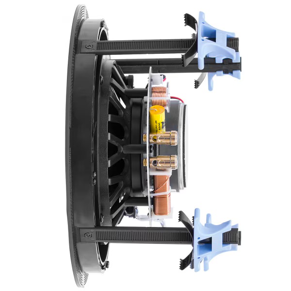 Close-up view of a high-quality in-wall speaker with wiring and mounting bracket, designed for premium audio performance.