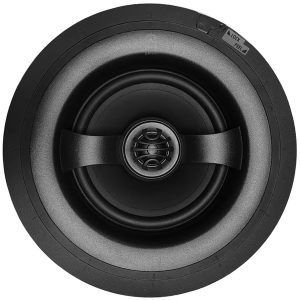 Close-up view of a sleek in-ceiling speaker, showcasing its round design and high-quality sound components.