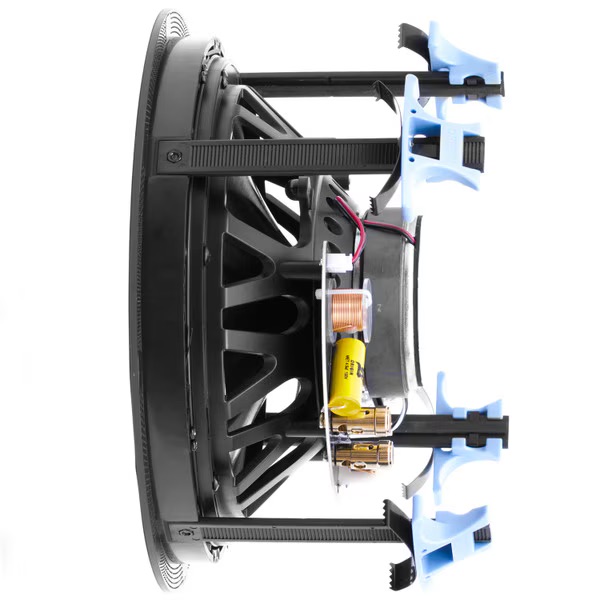 Close-up view of a high-quality speaker with visible components, suitable for home theater audio systems.