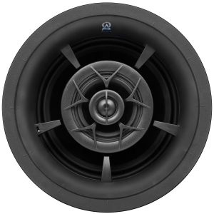 Close-up view of a high-performance in-ceiling speaker, emphasizing audio quality for home theater systems.