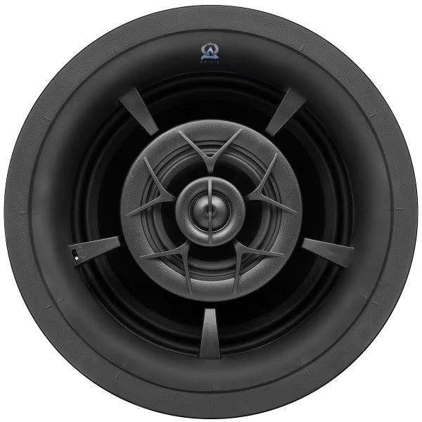 Close-up view of a high-performance in-ceiling speaker, emphasizing audio quality for home theater systems.