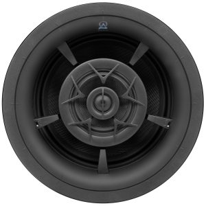 In-ceiling speaker showcasing a sleek design, ideal for enhancing luxury home theater audio experiences.
