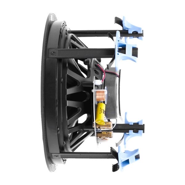Close-up of a high-quality speaker featuring internal components, ideal for enhancing audio in home theater systems.