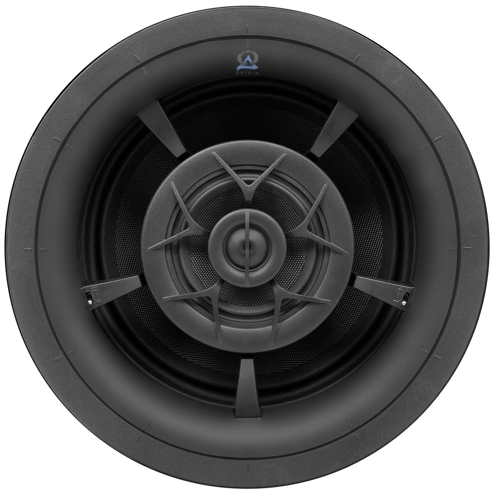 Close-up view of an in-ceiling speaker showcasing its design, ideal for enhancing home theater audio experiences.