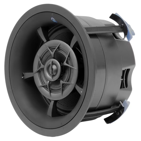 Close-up of a sleek in-ceiling audio speaker designed for high-quality sound in home theater systems.