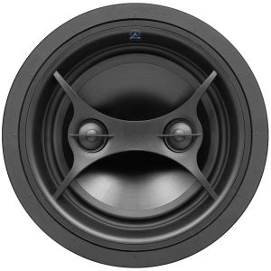 Close-up of a high-performance in-ceiling speaker featuring a robust black cone and dual tweeters for superior sound quality.