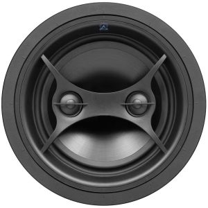 Close-up of a high-performance in-ceiling speaker, showcasing its sleek design and dual drivers for immersive sound.