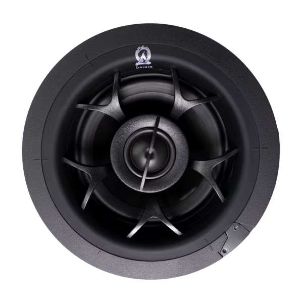 In-ceiling speaker featuring a sleek black design, ideal for luxury home theater audio systems.