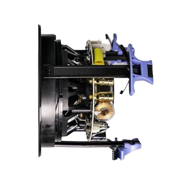 Ceiling-mounted speaker installation showcasing high-quality connectors and clamps for secure setup in home theater systems.