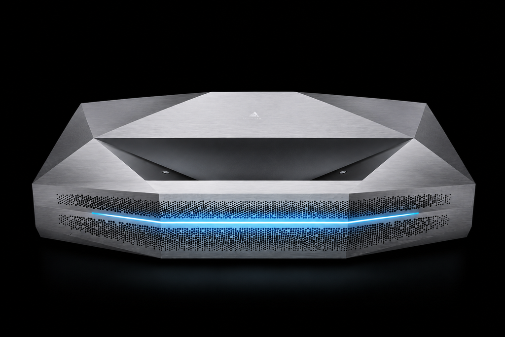 Sleek, modern home theater projector with blue LED accents against a black background. Ideal for luxury setups.