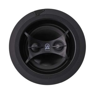 In-ceiling speaker with a sleek black design, perfect for enhancing home theater audio experiences. Ideal for discreet setups.