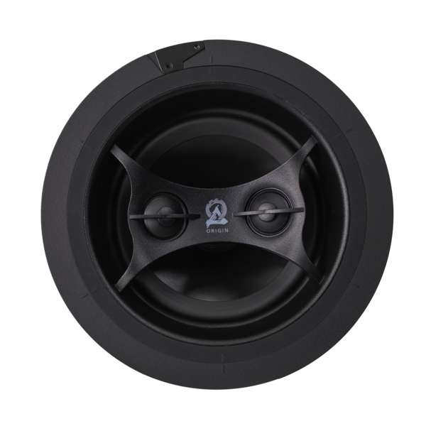 In-ceiling speaker with a sleek black design, perfect for enhancing home theater audio experiences. Ideal for discreet setups.