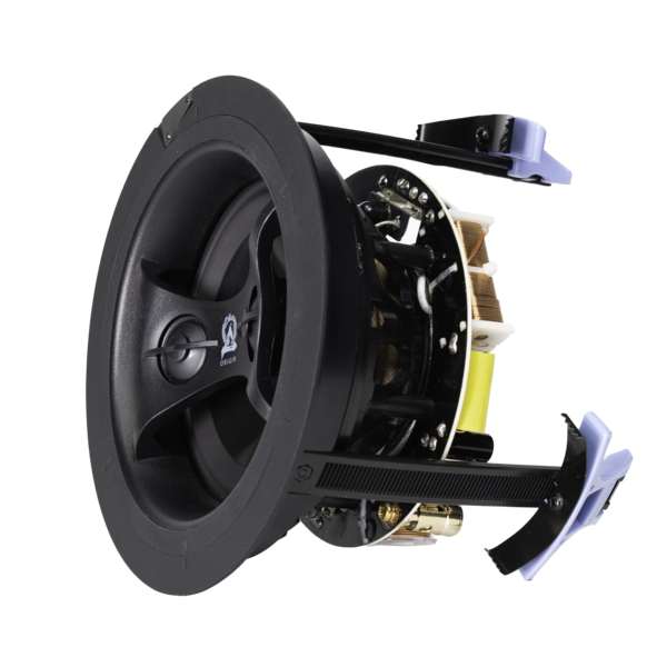 In-ceiling speaker designed for high-quality audio in home theater systems, showcasing a sleek and modern look.