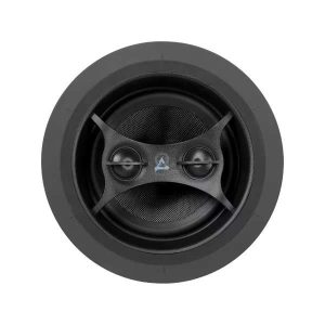 Close-up view of a stylish in-ceiling speaker designed for high-quality audio performance in home theater setups.