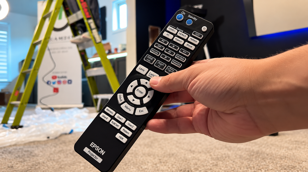 Hand holding an Epson projector remote in a home theater setup, with a ladder and workspace in the background.
