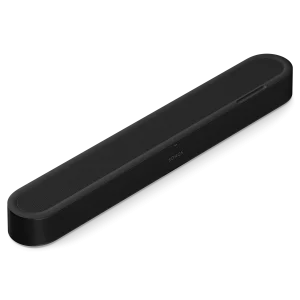 Sleek black Sonos soundbar designed for immersive audio in home entertainment setups. Ideal for compact spaces.