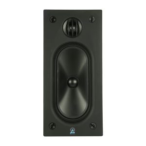 In-wall speaker designed for home theater audio, featuring a sleek black finish and high-quality sound reproduction.