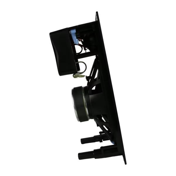 Side view of a high-quality in-wall speaker, showcasing its sleek design and audio components for superior sound performance.