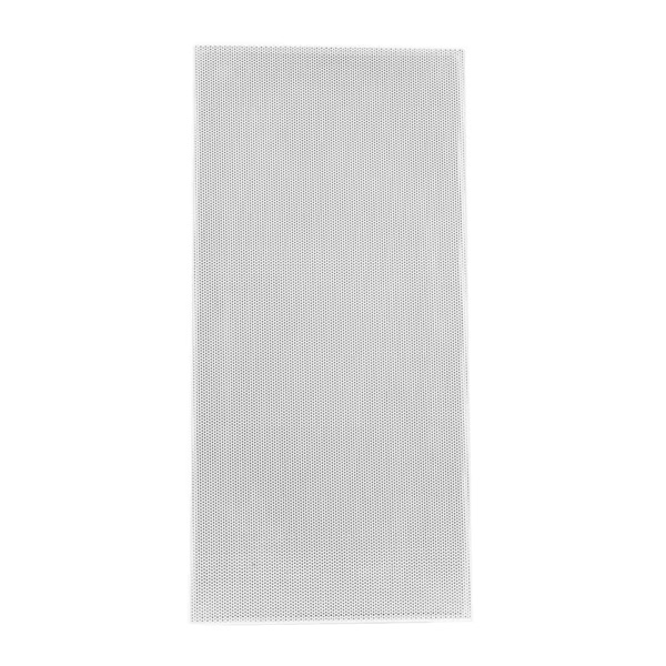 White speaker grill with a perforated design, ideal for enhancing audio quality in home theater setups.