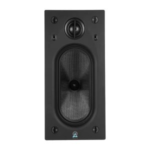 In-wall speaker from Dreamedia, featuring a sleek black design and integrated controls for optimal sound.