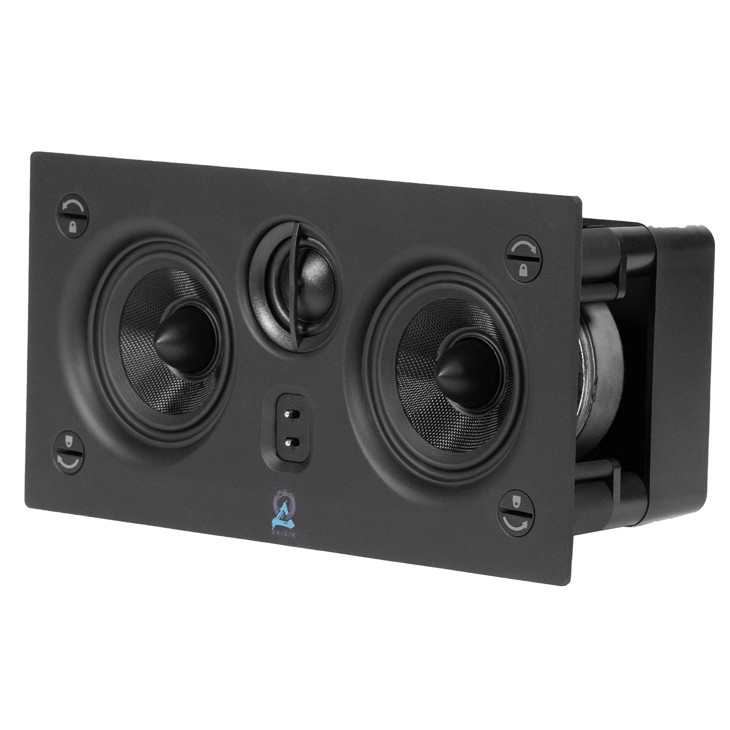In-wall speaker featuring dual woofers and a tweeter, ideal for enhancing home theater audio experience.