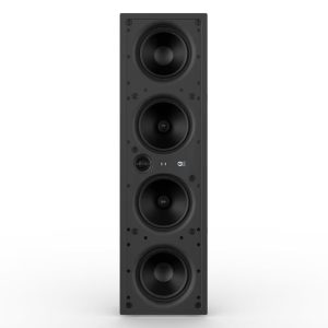A sleek tower speaker featuring four large drivers for superior audio performance in home theater setups.
