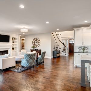 Bright and modern open living space featuring a cozy seating area and elegant kitchen design, ideal for home entertainment.