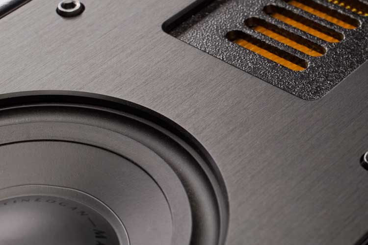 Close-up of a high-end speaker's driver and tweeter, showcasing premium materials and craftsmanship for superior audio quality.